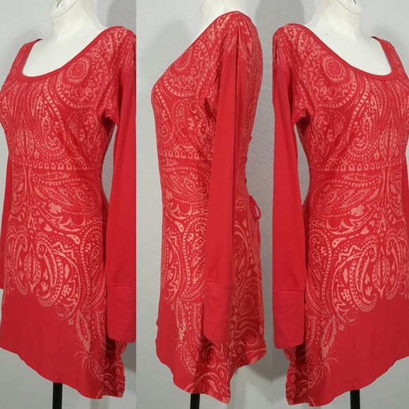 Athleta Lace Up Back Corset Dress XS Red Jacquard Burnout Long Sleeve Stretch - Picture 4 of 14